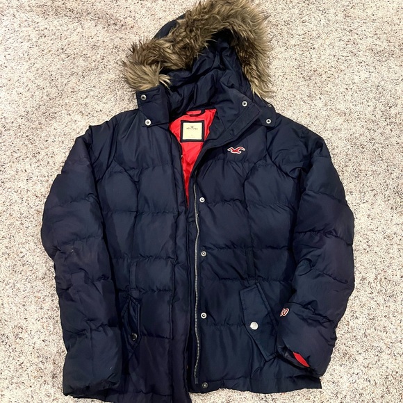 Hollister Navy Puffer Jacket with Fur Hood - Picture 1 of 4